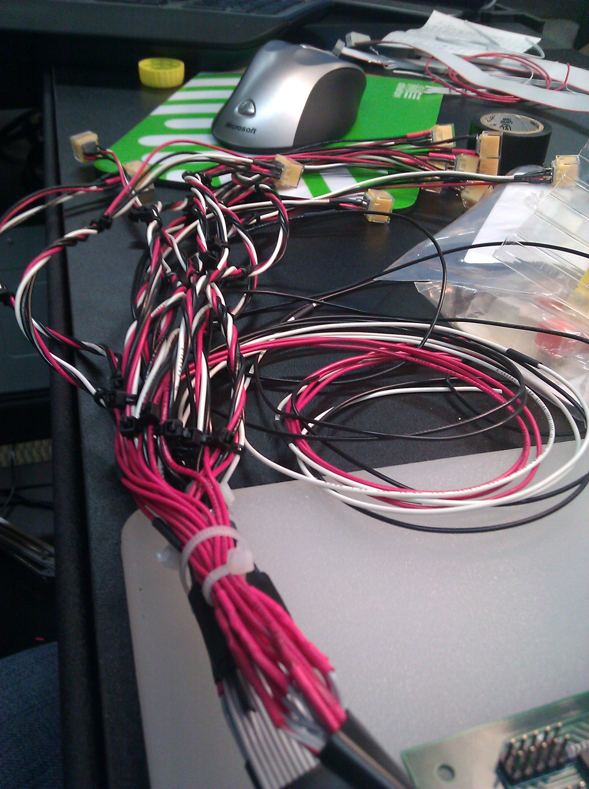 Wiring harness for the octopus rig, hand-assembled on the bench