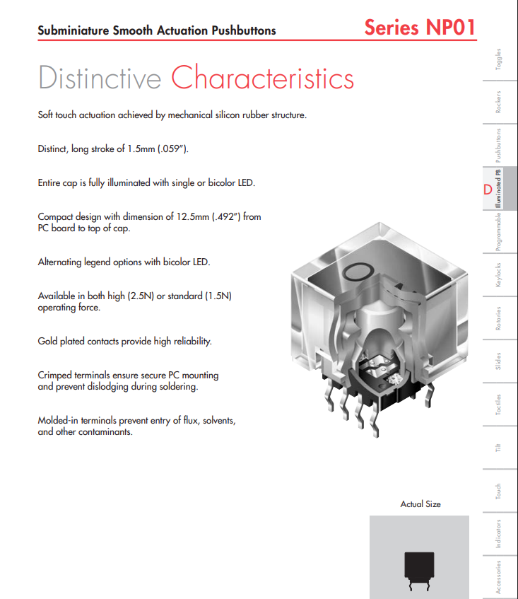 NP01 Series subminiature pushbutton spec sheet