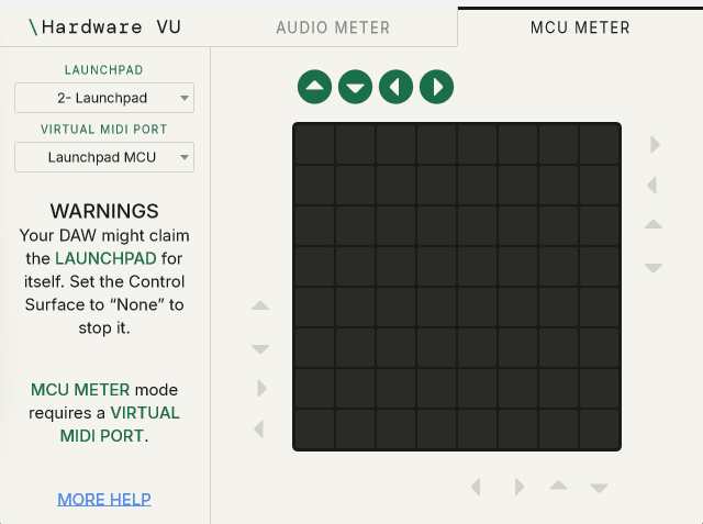 Hardware VU — MCU Meter mode: first 8 channels of Mackie Control VU