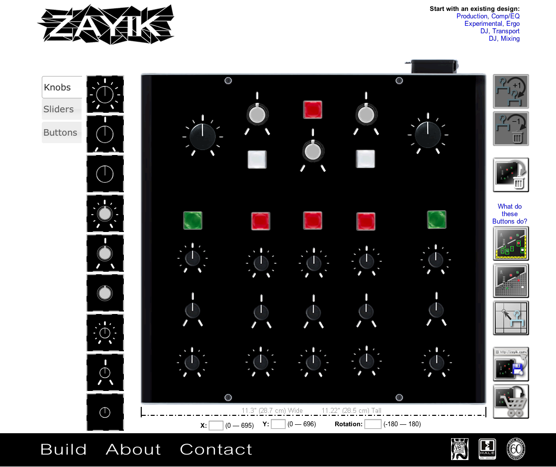 Screenshot of the ZAYIK web configurator showing a black control surface being laid out with knobs and buttons