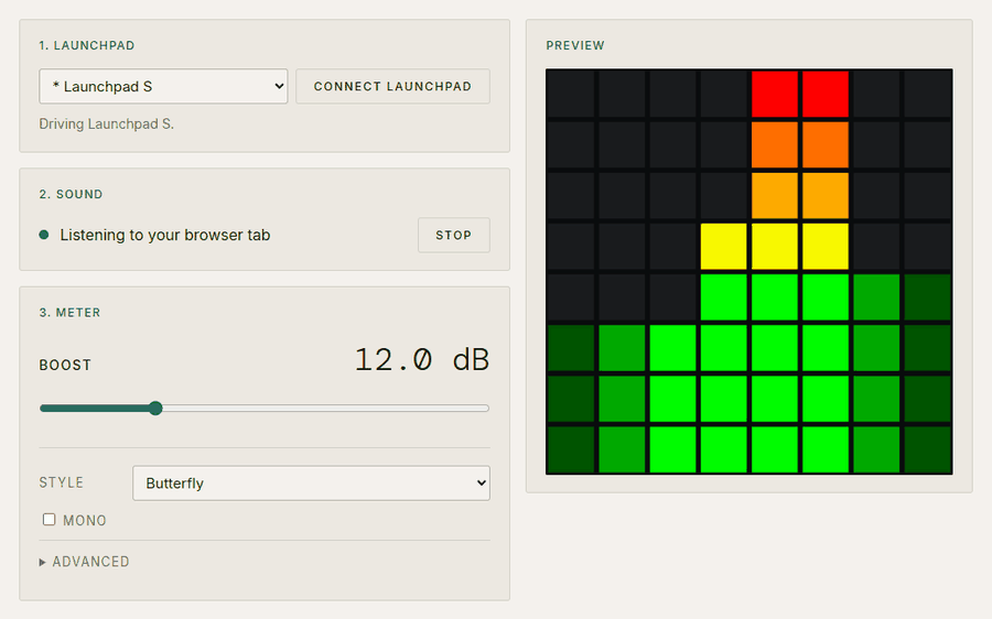 Tabmeter animated: a Launchpad S connected and listening to a browser tab, the pad grid preview rising and falling in green, yellow, orange and red