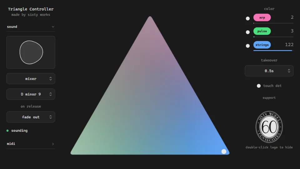 The Triangle Controller in action: a touch moves around the triangle, shifting the three live values