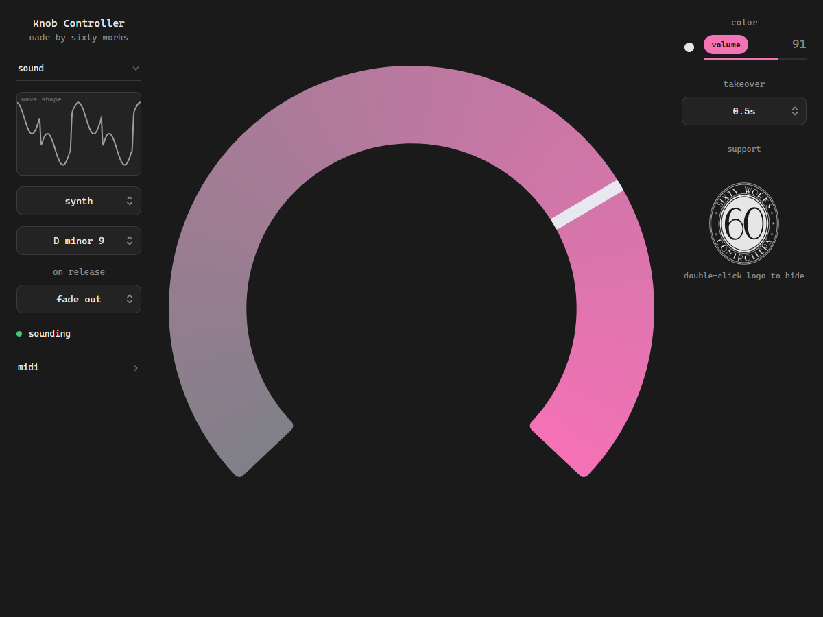 The Knob Controller on synth: a thick pink-to-grey arc with its marker at about three-quarters, and the blended wave shape