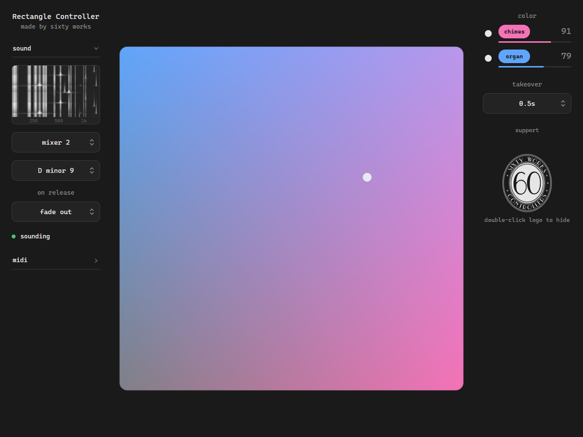 The Rectangle Controller mid-play on mixer 2: a gradient square with a touch toward the top right, two live values, and a scrolling waterfall graph